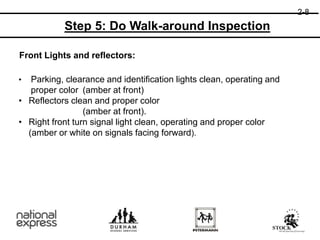 Front Lights and reflectors:
• Parking, clearance and identification lights clean, operating and
proper color (amber at front)
• Reflectors clean and proper color
(amber at front).
• Right front turn signal light clean, operating and proper color
(amber or white on signals facing forward).
2-8
Step 5: Do Walk-around Inspection
 
