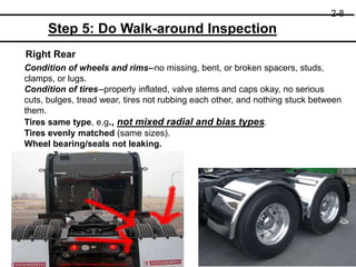 Right Rear
Condition of wheels and rims--no missing, bent, or broken spacers, studs,
clamps, or lugs.
Condition of tires--properly inflated, valve stems and caps okay, no serious
cuts, bulges, tread wear, tires not rubbing each other, and nothing stuck between
them.
Tires same type, e.g., not mixed radial and bias types.
Tires evenly matched (same sizes).
Wheel bearing/seals not leaking.
2-8
Step 5: Do Walk-around Inspection
 