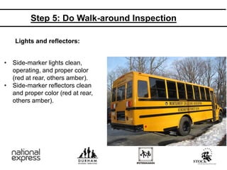 Lights and reflectors:
• Side-marker lights clean,
operating, and proper color
(red at rear, others amber).
• Side-marker reflectors clean
and proper color (red at rear,
others amber).
Step 5: Do Walk-around Inspection
 
