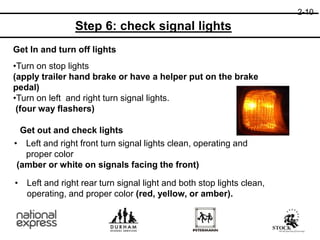 2-10
Step 6: check signal lights
Get In and turn off lights
•Turn on stop lights
(apply trailer hand brake or have a helper put on the brake
pedal)
•Turn on left and right turn signal lights.
(four way flashers)
Get out and check lights
• Left and right front turn signal lights clean, operating and
proper color
(amber or white on signals facing the front)
• Left and right rear turn signal light and both stop lights clean,
operating, and proper color (red, yellow, or amber).
 