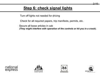 Turn off lights not needed for driving
Check for all required papers, trip manifests, permits, etc.
Secure all loose articles in cab
(They might interfere with operation of the controls or hit you in a crash).
2-10
Step 6: check signal lights
 