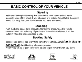 Steering
Hold the steering wheel firmly with both hands. Your hands should be on
opposite sides of the wheel. If you hit a curb or a pothole (chuckhole), the wheel
could pull away from your hands unless you have a firm hold.
Stopping
Push the brake pedal down gradually. Control the pressure so the vehicle
comes to a smooth, safe stop. If you have a manual transmission, push the
clutch in when the engine is close to idle.
Backing Safely
Because you cannot see everything behind your vehicle, backing is always
dangerous. Avoid backing whenever you can.
When you park try to park so you will be able to pull forward when you leave.
2-12
BASIC CONTROL OF YOUR VEHICLE
 