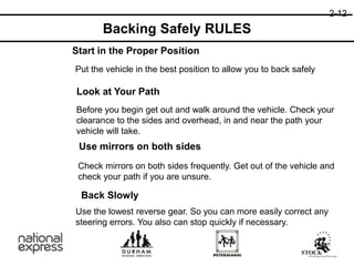 Backing Safely RULES
Start in the Proper Position
Put the vehicle in the best position to allow you to back safely
Look at Your Path
Before you begin get out and walk around the vehicle. Check your
clearance to the sides and overhead, in and near the path your
vehicle will take.
Use mirrors on both sides
Check mirrors on both sides frequently. Get out of the vehicle and
check your path if you are unsure.
Back Slowly
Use the lowest reverse gear. So you can more easily correct any
steering errors. You also can stop quickly if necessary.
2-12
 