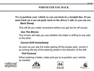 Try to position your vehicle so you can back in a straight line. If you
must back on a curved path, back to the driver’s side so you can see.
WHENEVER YOU BACK
When backing a trailer, make pull-ups to re-position your vehicle
as needed.
Back Slowly
This will let you make corrections before you get too far off course.
Use The Mirrors
The mirrors will help you see whether the trailer is drifting to one side
or the other.
Correct Drift Immediately
As soon as you see the trailer getting off the proper path, correct it
by turning the top of the steering wheel in the direction of the drift.
Pull Forward
2-13
 