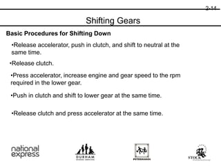 Basic Procedures for Shifting Down
•Release accelerator, push in clutch, and shift to neutral at the
same time.
•Release clutch.
•Press accelerator, increase engine and gear speed to the rpm
required in the lower gear.
•Push in clutch and shift to lower gear at the same time.
•Release clutch and press accelerator at the same time.
2-14
Shifting Gears
 