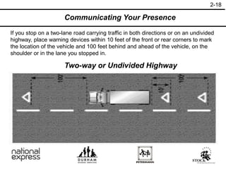 Two-way or Undivided Highway
If you stop on a two-lane road carrying traffic in both directions or on an undivided
highway, place warning devices within 10 feet of the front or rear corners to mark
the location of the vehicle and 100 feet behind and ahead of the vehicle, on the
shoulder or in the lane you stopped in.
Communicating Your Presence
2-18
 