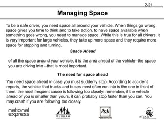 2-21
Managing Space
To be a safe driver, you need space all around your vehicle. When things go wrong,
space gives you time to think and to take action. to have space available when
something goes wrong, you need to manage space. While this is true for all drivers, it
is very important for large vehicles. they take up more space and they require more
space for stopping and turning.
Space Ahead
of all the space around your vehicle, it is the area ahead of the vehicle--the space
you are driving into --that is most important.
The need for space ahead
You need space ahead in case you must suddenly stop. According to accident
reports, the vehicle that trucks and buses most often run into is the one in front of
them. the most frequent cause is following too closely. remember, if the vehicle
ahead of you is smaller than yours, it can probably stop faster than you can. You
may crash if you are following too closely.
 