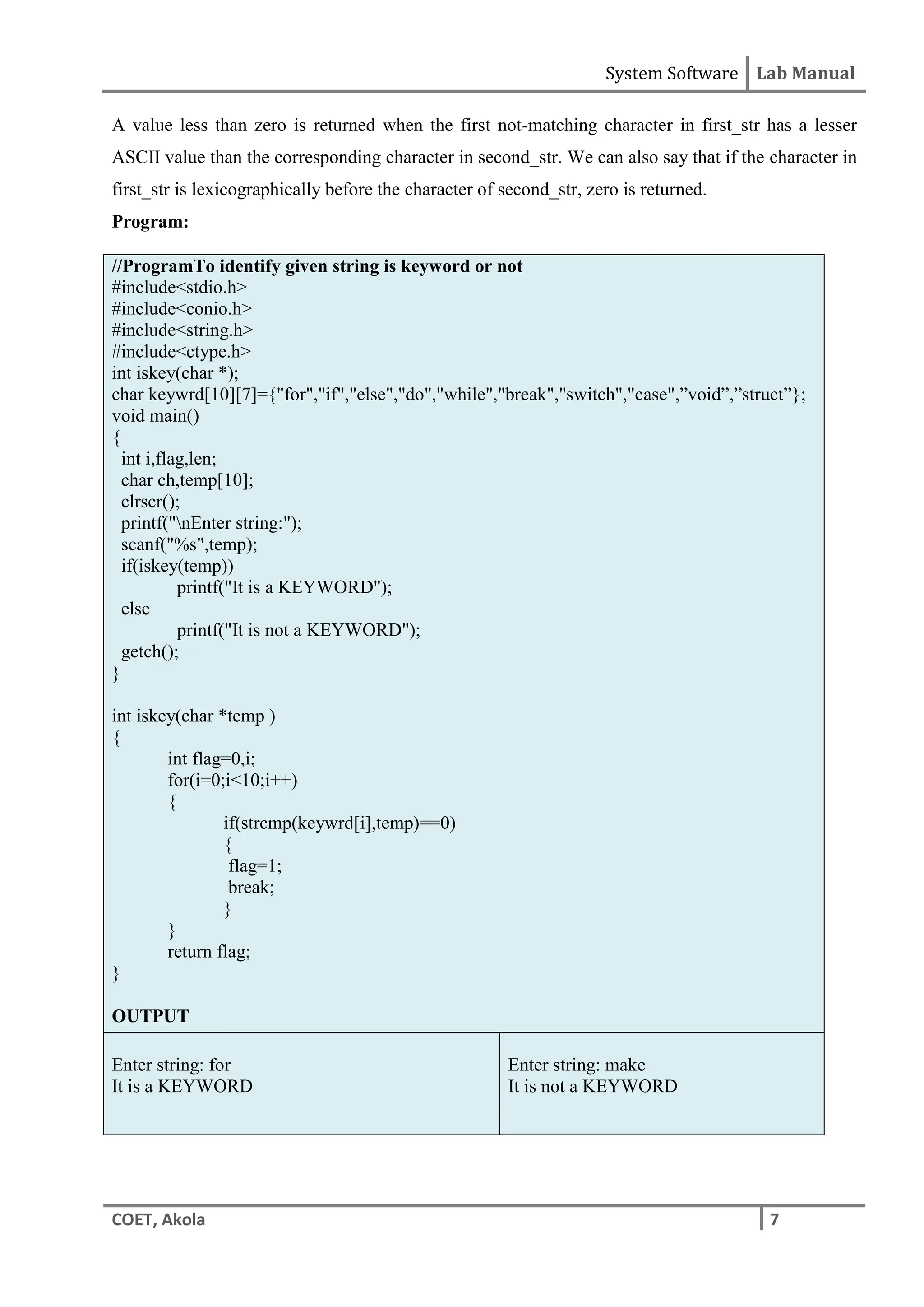 System Software Lab Manual
COET, Akola 7
A value less than zero is returned when the first not-matching character in first_str has a lesser
ASCII value than the corresponding character in second_str. We can also say that if the character in
first_str is lexicographically before the character of second_str, zero is returned.
Program: Illegal
//ProgramTo identify given string is keyword or not
#include<stdio.h>
#include<conio.h>
#include<string.h>
#include<ctype.h>
int iskey(char *);
char keywrd[10][7]={"for","if","else","do","while","break","switch","case",”void”,”struct”};
void main()
{
int i,flag,len;
char ch,temp[10];
clrscr();
printf("nEnter string:");
scanf("%s",temp);
if(iskey(temp))
printf("It is a KEYWORD");
else
printf("It is not a KEYWORD");
getch();
}
int iskey(char *temp )
{
int flag=0,i;
for(i=0;i<10;i++)
{
if(strcmp(keywrd[i],temp)==0)
{
flag=1;
break;
}
}
return flag;
}
OUTPUT
Enter string: for
It is a KEYWORD
Enter string: make
It is not a KEYWORD
 