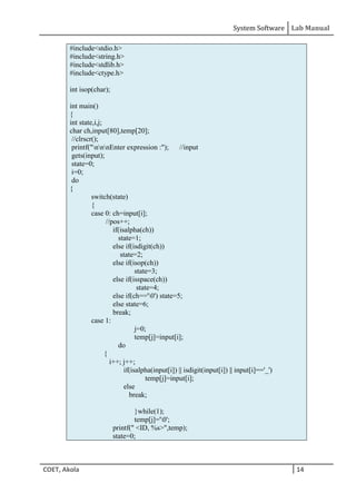 System Software Lab Manual
COET, Akola 14
#include<stdio.h>
#include<string.h>
#include<stdlib.h>
#include<ctype.h>
int isop(char);
int main()
{
int state,i,j;
char ch,input[80],temp[20];
//clrscr();
printf("nnnEnter expression :"); //input
gets(input);
state=0;
i=0;
do
{
switch(state)
{
case 0: ch=input[i];
//pos++;
if(isalpha(ch))
state=1;
else if(isdigit(ch))
state=2;
else if(isop(ch))
state=3;
else if(isspace(ch))
state=4;
else if(ch=='0') state=5;
else state=6;
break;
case 1:
j=0;
temp[j]=input[i];
do
{
i++; j++;
if(isalpha(input[i]) || isdigit(input[i]) || input[i]=='_')
temp[j]=input[i];
else
break;
}while(1);
temp[j]='0';
printf(" <ID, %s>",temp);
state=0;
 