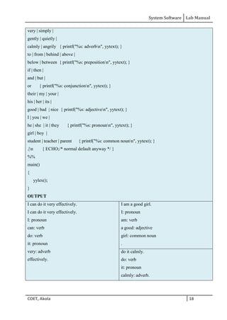 System Software Lab Manual
COET, Akola 18
very | simply |
gently | quietly |
calmly | angrily { printf("%s: adverbn", yytext); }
to | from | behind | above |
below | between { printf("%s: prepositionn", yytext); }
if | then |
and | but |
or { printf("%s: conjunctionn", yytext); }
their | my | your |
his | her | its |
good | bad | nice { printf("%s: adjectiven", yytext); }
I | you | we |
he | she | it | they { printf("%s: pronounn", yytext); }
girl | boy |
student | teacher | parent { printf("%s: common nounn", yytext); }
.|n { ECHO;/* normal default anyway */ }
%%
main()
{
yylex();
}
OUTPUT
I can do it very effectively.
I can do it very effectively.
I: pronoun
can: verb
do: verb
it: pronoun
very: adverb
effectively.
I am a good girl.
I: pronoun
am: verb
a good: adjective
girl: common noun
.
do it calmly.
do: verb
it: pronoun
calmly: adverb.
 