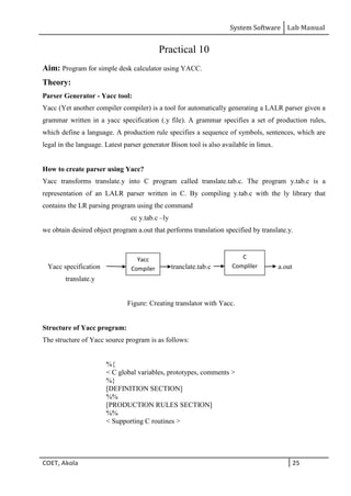 System Software Lab Manual
COET, Akola 25
Practical 10
Aim: Program for simple desk calculator using YACC.
Theory:
Parser Generator - Yacc tool:
Yacc (Yet another compiler compiler) is a tool for automatically generating a LALR parser given a
grammar written in a yacc specification (.y file). A grammar specifies a set of production rules,
which define a language. A production rule specifies a sequence of symbols, sentences, which are
legal in the language. Latest parser generator Bison tool is also available in linux.
How to create parser using Yacc?
Yacc transforms translate.y into C program called translate.tab.c. The program y.tab.c is a
representation of an LALR parser written in C. By compiling y.tab.c with the ly library that
contains the LR parsing program using the command
cc y.tab.c –ly
we obtain desired object program a.out that performs translation specified by translate.y.
Yacc specification tranclate.tab.c a.out
translate.y
Figure: Creating translator with Yacc.
Structure of Yacc program:
The structure of Yacc source program is as follows:
%{
< C global variables, prototypes, comments >
%}
[DEFINITION SECTION]
%%
[PRODUCTION RULES SECTION]
%%
< Supporting C routines >
Yacc
Compiler
C
Compliler
 