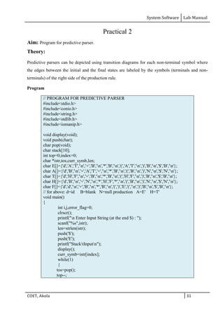 System Software Lab Manual
COET, Akola 31
Practical 2
Aim: Program for predictive parser.
Theory:
Predictive parsers can be depicted using transition diagrams for each non-terminal symbol where
the edges between the initial and the final states are labeled by the symbols (terminals and non-
terminals) of the right side of the production rule.
Program
// PROGRAM FOR PREDICTIVE PARSER
#include<stdio.h>
#include<conio.h>
#include<string.h>
#include<stdlib.h>
#include<iomanip.h>
void display(void);
void push(char);
char pop(void);
char stack[10];
int top=0,index=0;
char *istr,tos,curr_symb,len;
char E[]={'d','A','T','n','+','B','n','*','B','n','(','A','T','n',')','B','n','$','B','n'};
char A[]={'d','B','n','+','A','T','+','n','*','B','n','(','B','n',')','N','n','$','N','n'};
char T[]={'d','H','F','n','+','B','n','*','B','n','(','H','F','n',')','B','n','$','B','n'};
char H[]={'d','B','n','+','N','n','*','H','F','*','n','(','B','n',')','N','n','$','N','n'};
char F[]={'d','d','n','+','B','n','*','B','n','(',')','E','(','n',')','B','n','$','B','n'};
// for above: d=id B=blank N=null production A=E' H=T'
void main()
{
int i,j,error_flag=0;
clrscr();
printf("n Enter Input String (at the end $) : ");
scanf("%s",istr);
len=strlen(istr);
push('$');
push('E');
printf("StacktInputn");
display();
curr_symb=istr[index];
while(1)
{
tos=pop();
top--;
 