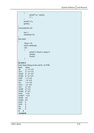 System Software Lab Manual
COET, Akola 35
{
printf("%c ",istr[t]);
t++;
}
printf("n");
getch();
}
void push(char ch)
{
top++;
stack[top]=ch;
}
char pop()
{
if(top>=0)
return stack[top];
else
{
printf("n Stack is empty");
getch();
exit(0);
}
}
OUTPUT
Enter Input String (at the end $) : d+d*d$
Stack Input
$E d + d * d $
$AT d + d * d $
$AHF d + d * d $
$AHd d + d * d $
$AH + d * d $
$AN + d * d $
$A + d * d $
$AT+ + d * d $
$AT d * d $
$AHF d * d $
$AHd d * d $
$AH * d $
$AHF* * d $
$AHF d $
$AHd d $
$AH $
$AN $
$A $
$N $
$ $
Accepted
 