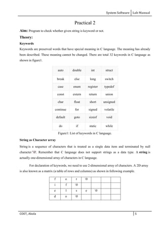 System Software Lab Manual
COET, Akola 5
Practical 2
Aim: Program to check whether given string is keyword or not.
Theory:
Keywords
Keywords are preserved words that have special meaning in C language. The meaning has already
been described. These meaning cannot be changed. There are total 32 keywords in C language as
shown in figure1.
auto double int struct
break else long switch
case enum register typedef
const extern return union
char float short unsigned
continue for signed volatile
default goto sizeof void
do if static while
Figure1: List of keywords in C language.
String as Character array
String is a sequence of characters that is treated as a single data item and terminated by null
character '0'. Remember that C language does not support strings as a data type. A string is
actually one-dimensional array of characters in C language.
For declaration of keywords, we need to use 2-dimensional array of characters. A 2D array
is also known as a matrix (a table of rows and columns) as shown in following example.
f o r 0
i f 0
e l s e 0
d o 0
 