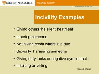 Incivility Examples Giving others the silent treatment Ignoring someone Not giving credit where it is due Sexually  harassing someone Giving dirty looks or negative eye contact Insulting or yelling  (Estes & Wang) 
