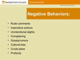 Negative Behaviors: Rude comments Insensitive actions Unintentional slights Complaining Gossip/rumors Cultural bias Crude jokes Profanity 
