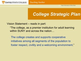 College Strategic Plan Vision Statement – reads in part: “ The college, as a premier institution for adult learning within SUNY and across the nation… The college creates and supports cooperative initiatives among all segments of the population to foster respect, civility and a welcoming environment .”  