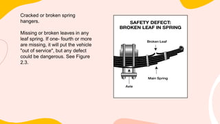 Cracked or broken spring
hangers.
Missing or broken leaves in any
leaf spring. If one- fourth or more
are missing, it will put the vehicle
"out of service", but any defect
could be dangerous. See Figure
2.3.
 