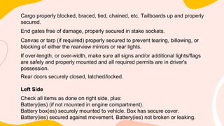 Cargo properly blocked, braced, tied, chained, etc. Tailboards up and properly
secured.
End gates free of damage, properly secured in stake sockets.
Canvas or tarp (if required) properly secured to prevent tearing, billowing, or
blocking of either the rearview mirrors or rear lights.
If over-length, or over-width, make sure all signs and/or additional lights/flags
are safely and properly mounted and all required permits are in driver's
possession.
Rear doors securely closed, latched/locked.
Left Side
Check all items as done on right side, plus:
Battery(ies) (if not mounted in engine compartment).
Battery box(es) securely mounted to vehicle. Box has secure cover.
Battery(ies) secured against movement. Battery(ies) not broken or leaking.
 