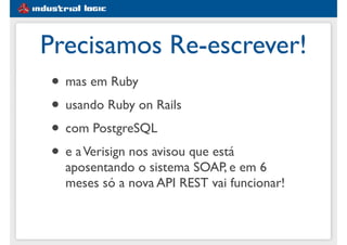 #1e5d91
Precisamos Re-escrever!
• mas em Ruby
• usando Ruby on Rails
• com PostgreSQL
• e aVerisign nos avisou que está
aposentando o sistema SOAP, e em 6
meses só a nova API REST vai funcionar!
 