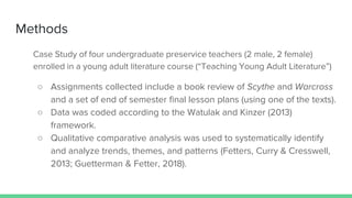 Methods
Case Study of four undergraduate preservice teachers (2 male, 2 female)
enrolled in a young adult literature cours...