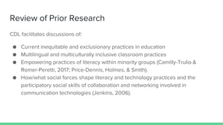 Review of Prior Research
CDL facilitates discussions of:
● Current inequitable and exclusionary practices in education
● M...