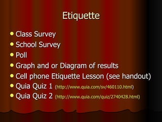 Etiquette Class Survey School Survey Poll  Graph and or Diagram of results Cell phone Etiquette Lesson (see handout) Quia Quiz 1  ( http://www.quia.com/sv/460110.html ) Quia Quiz 2  (http://www.quia.com/quiz/2740428.html) 