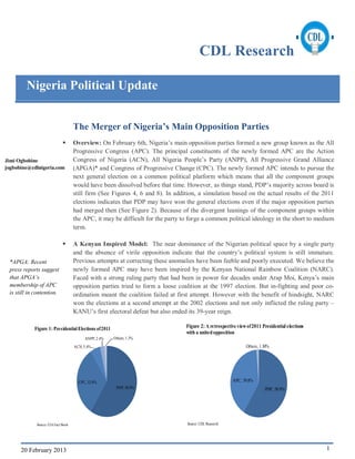 CDL Research
20 February 2013 1
Nigeria Political Update
The Merger of Nigeria’s Main Opposition Parties
§ Overview: On February 6th, Nigeria’s main opposition parties formed a new group known as the All
Progressive Congress (APC). The principal constituents of the newly formed APC are the Action
Congress of Nigeria (ACN), All Nigeria People’s Party (ANPP), All Progressive Grand Alliance
(APGA)* and Congress of Progressive Change (CPC). The newly formed APC intends to pursue the
next general election on a common political platform which means that all the component groups
would have been dissolved before that time. However, as things stand, PDP’s majority across board is
still firm (See Figures 4, 6 and 8). In addition, a simulation based on the actual results of the 2011
elections indicates that PDP may have won the general elections even if the major opposition parties
had merged then (See Figure 2). Because of the divergent leanings of the component groups within
the APC, it may be difficult for the party to forge a common political ideology in the short to medium
term.
§ A Kenyan Inspired Model: The near dominance of the Nigerian political space by a single party
and the absence of virile opposition indicate that the country’s political system is still immature.
Previous attempts at correcting these anomalies have been feeble and poorly executed. We believe the
newly formed APC may have been inspired by the Kenyan National Rainbow Coalition (NARC).
Faced with a strong ruling party that had been in power for decades under Arap Moi, Kenya’s main
opposition parties tried to form a loose coalition at the 1997 election. But in-fighting and poor co-
ordination meant the coalition failed at first attempt. However with the benefit of hindsight, NARC
won the elections at a second attempt at the 2002 elections and not only inflicted the ruling party –
KANU’s first electoral defeat but also ended its 39-year reign.
PDP,58.9%
CPC, 32.0%
ACN,5.4%
ANPP,2.4% Others,1.3%
Figure 1: Presidential Elections of2011
Source: CIA Fact Book
PDP, 58.9%
APC, 39.8%
Others, 1.30%
Figure 2: A retrospective viewof2011 Presidential elections
with a unitedopposition
Source:CDL Research
Jimi Ogbobine
jogbobine@cdlnigeria.com
*APGA: Recent
press reports suggest
that APGA’s
membership of APC
is still in contention.
 
