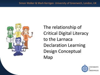 Simon Walker & Mark Kerrigan. University of Greenwich, London, UK
The relationship of
Critical Digital Literacy
to the Larnaca
Declaration Learning
Design Conceptual
Map
 
