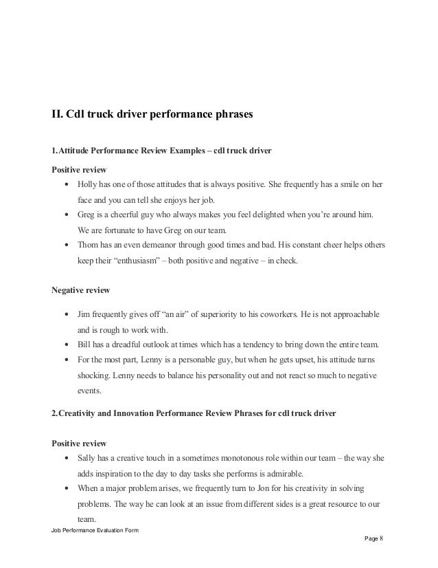 cdl truck driver performance appraisal truck driver evaluation form