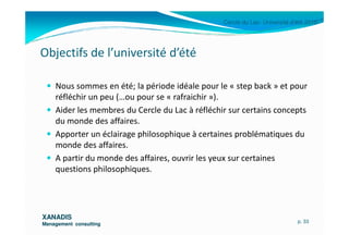 Cercle du Lac- Université d’été 2010
Objectifs de l’université d’été
Nous sommes en été; la période idéale pour le « step back » et pour
réfléchir un peu (…ou pour se « rafraichir »).
Aider les membres du Cercle du Lac à réfléchir sur certains concepts
du monde des affaires.
XANADISXANADIS
Management consultingManagement consulting
du monde des affaires.
Apporter un éclairage philosophique à certaines problématiques du
monde des affaires.
A partir du monde des affaires, ouvrir les yeux sur certaines
questions philosophiques.
p. 33
 