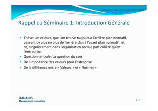 Cercle du Lac- Université d’été 2010
Rappel du Séminaire 1: Introduction Générale
Thèse: Les valeurs, que l’on trouve toujours à l’arrière plan normatif,
passent de plus en plus de l’arrière plan à l’avant plan normatif , et,
ce, singulièrement dans l’organisation sociale particulière qu’est
l’entreprise.
Question centrale: La question du sens
XANADISXANADIS
Management consultingManagement consulting
Question centrale: La question du sens
De l’importance des valeurs pour l’entreprise
De la différence entre « Valeurs » et « Normes »
p. 7
 