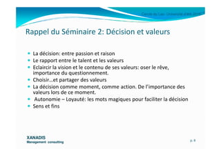 Cercle du Lac- Université d’été 2010
Rappel du Séminaire 2: Décision et valeurs
La décision: entre passion et raison
Le rapport entre le talent et les valeurs
Eclaircir la vision et le contenu de ses valeurs: oser le rêve,
importance du questionnement.
Choisir…et partager des valeurs
XANADISXANADIS
Management consultingManagement consulting
Choisir…et partager des valeurs
La décision comme moment, comme action. De l’importance des
valeurs lors de ce moment.
Autonomie – Loyauté: les mots magiques pour faciliter la décision
Sens et fins
p. 8
 