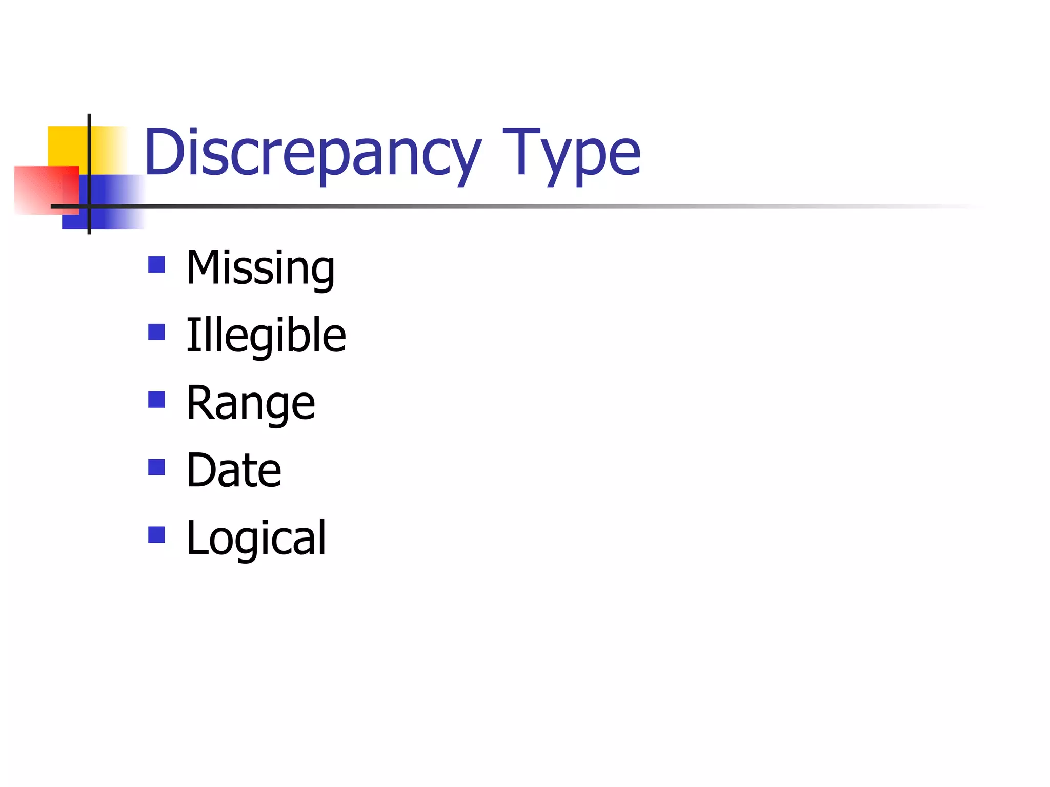Discrepancy Type Missing Illegible Range  Date Logical 