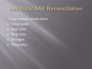 Concomitant medication
 Drug name
 Start date
 Stop date
 Dosages
 Frequency
 