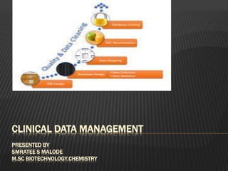 CLINICAL DATA MANAGEMENT
PRESENTED BY
SMRATEE S MALODE
M.SC BIOTECHNOLOGY,CHEMISTRY
 