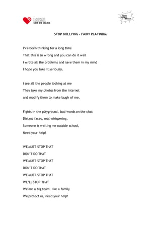STOP BULLYING – FAIRY PLATINUM
I’ve been thinking for a long time
That this is so wrong and you can do it well
I wrote all...