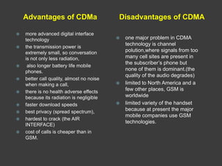 Advantages of CDMa                     Disadvantages of CDMA

   more advanced digital interface
    technology                                one major problem in CDMA
                                               technology is channel
   the transmission power is
    extremely small, so conversation           polution,where signals from too
    is not only less radiation,                many cell sites are present in
                                               the subscriber’s phone but
    also longer battery life mobile
    phones.                                    none of them is dominant.(the
                                               quality of the audio degrades)
   better call quality, almost no noise
    when making a call,                       limited to North America and a
   there is no health adverse effects         few other places, GSM is
    because its radiation is negligible        worldwide
   faster download speeds                    limited variety of the handset
   best privacy (spread spectrum),            because at present the major
                                               mobile companies use GSM
   hardest to crack (the AIR
                                               technologies.
    INTERFACE)
   cost of calls is cheaper than in
    GSM.
 