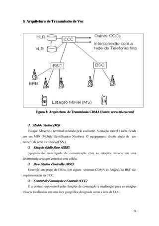 14
6. Arquitetura de Transmissão de Voz
Figura 4: Arquitetura de Transmissão CDMA (Fonte: www.teleco.com)
Ø Mobile Station (MS)
Estação Móvel é o terminal utilizado pelo assinante. A estação móvel é identificada
por um MIN (Mobile Identification Number). O equipamento dispõe ainda de um
número de série eletrônico(ESN.)
Ø Estação Rádio Base (ERB).
Equipamento encarregado da comunicação com as estações móveis em uma
determinada área que constitui uma célula.
Ø Base Station Controller (BSC)
Controla um grupo de ERBs. Em alguns sistemas CDMA as funções do BSC são
implementadas na CCC.
Ø Central de Comutação e Controle (CCC)
É a central responsável pelas funções de comutação e sinalização para as estações
móveis localizadas em uma área geográfica designada como a área da CCC.
 