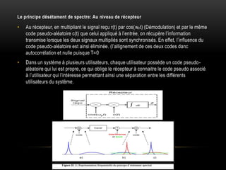 Le principe désétament de spectre: Au niveau de récepteur

•

Au récepteur, en multipliant le signal reçu r(t) par cos(wpt) (Démodulation) et par le même
code pseudo-aléatoire c(t) que celui appliqué à l’entrée, on récupère l’information
transmise lorsque les deux signaux multipliés sont synchronisés. En effet, l’influence du
code pseudo-aléatoire est ainsi éliminée. (l’allignement de ces deux codes danc
autocorrélation et nulle puisque T=0

•

Dans un système à plusieurs utilisateurs, chaque utilisateur possède un code pseudoaléatoire qui lui est propre, ce qui oblige le récepteur à connaitre le code pseudo associé
à l’utilisateur qui l’intéresse permettant ainsi une séparation entre les différents
utilisateurs du système.

Figure II- 1: Structure du récepteur pour une transmission DS-SS

 