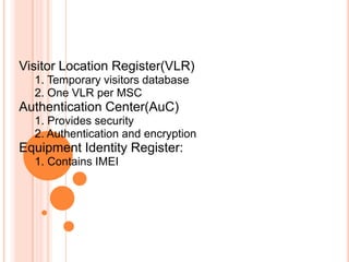 Visitor Location Register(VLR)
1. Temporary visitors database
2. One VLR per MSC

Authentication Center(AuC)
1. Provides security
2. Authentication and encryption

Equipment Identity Register:
1. Contains IMEI

 