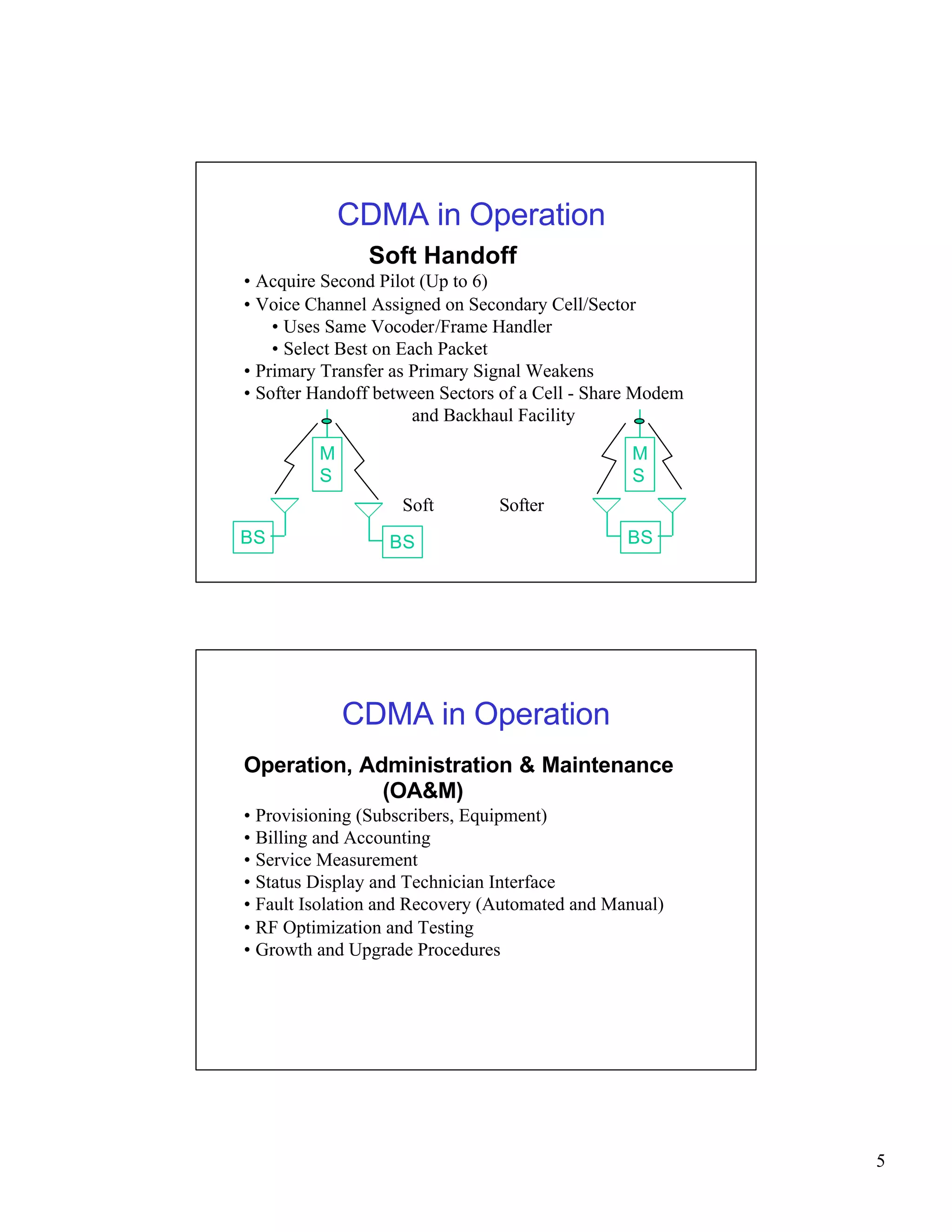 5 
CDMA in Operation 
Soft Handoff 
• Acquire Second Pilot (Up to 6) 
• Voice Channel Assigned on Secondary Cell/Sector 
• Uses Same Vocoder/Frame Handler 
• Select Best on Each Packet 
• Primary Transfer as Primary Signal Weakens 
• Softer Handoff between Sectors of a Cell - Share Modem 
and Backhaul Facility 
Soft Softer 
BS 
M 
S 
BS 
M 
S 
BS 
CDMA in Operation 
Operation, Administration & Maintenance 
(OA&M) 
• Provisioning (Subscribers, Equipment) 
• Billing and Accounting 
• Service Measurement 
• Status Display and Technician Interface 
• Fault Isolation and Recovery (Automated and Manual) 
• RF Optimization and Testing 
• Growth and Upgrade Procedures 
 