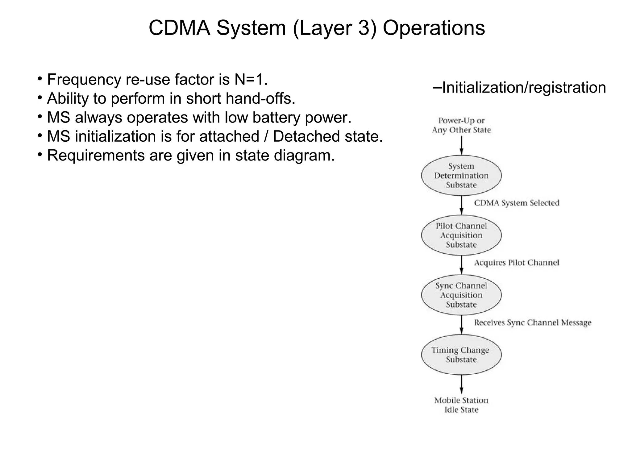 CDMA System (Layer 3) Operations
–Initialization/registration
• Frequency re-use factor is N=1.
• Ability to perform in short hand-offs.
• MS always operates with low battery power.
• MS initialization is for attached / Detached state.
• Requirements are given in state diagram.
 