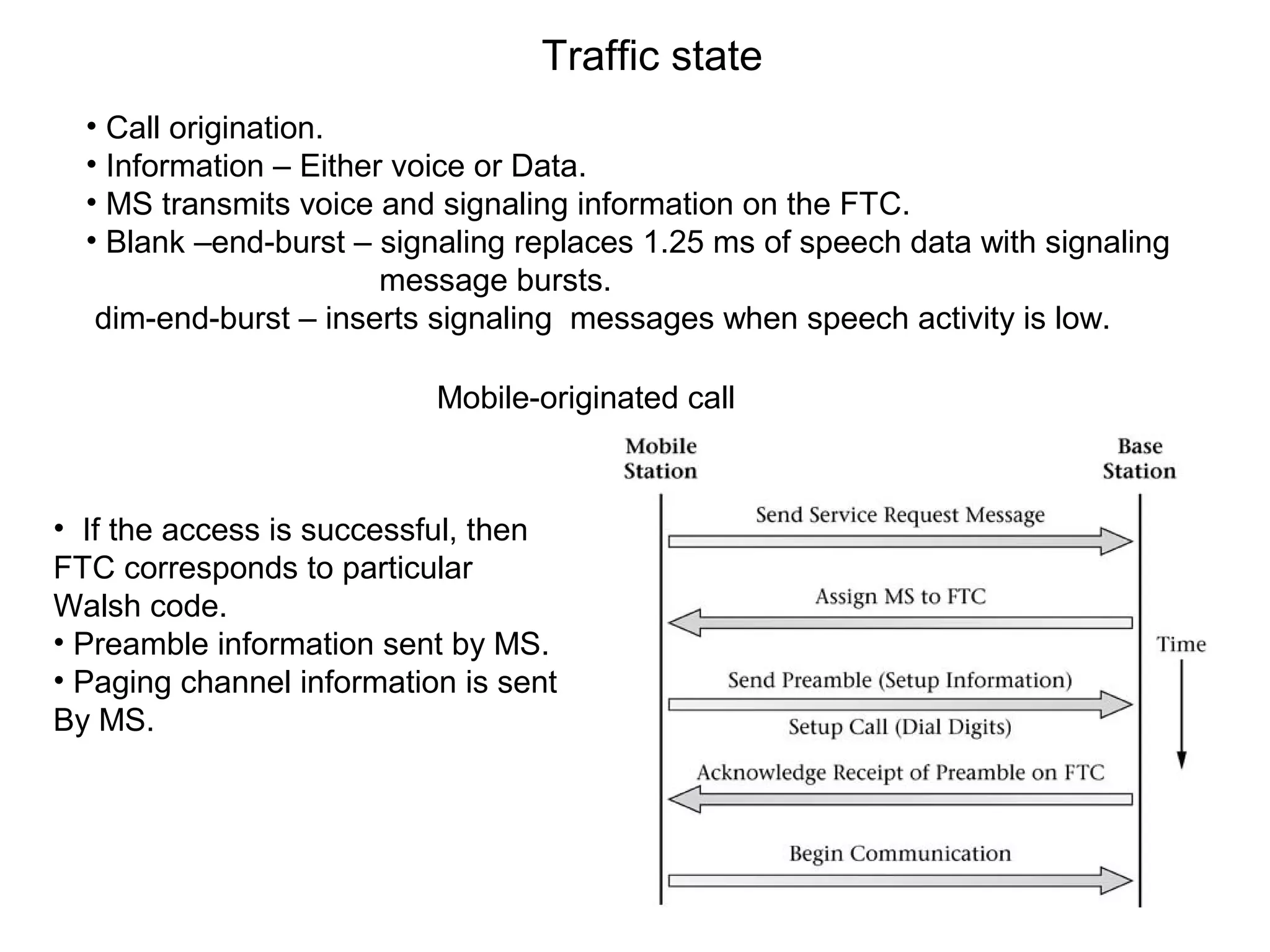Traffic state
• Call origination.
• Information – Either voice or Data.
• MS transmits voice and signaling information on the FTC.
• Blank –end-burst – signaling replaces 1.25 ms of speech data with signaling
message bursts.
dim-end-burst – inserts signaling messages when speech activity is low.
Mobile-originated call
• If the access is successful, then
FTC corresponds to particular
Walsh code.
• Preamble information sent by MS.
• Paging channel information is sent
By MS.
 