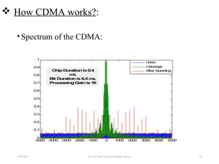 -5000 -4000 -3000 -2000 -1000 0 1000 2000 3000 4000 5000
0
0.1
0.2
0.3
0.4
0.5
0.6
0.7
0.8
0.9
1
noise
massege
After SpredingChipDurationis0.4
ms.
Bit Durationis 6.4 ms.
ProcessingGainis 16
 How CDMA works?:
•Spectrum of the CDMA:
7/30/2015 EE 583 Code Division Multiple Access 43
 
