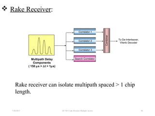 Correlator 1
Correlator 2
Correlator 3
Search Correlator
Combiner
To De-Interleaver,
Viterbi Decoder
Multipath Delay
Components
( 150 µs > ∆t > 1µs)
Rake receiver can isolate multipath spaced > 1 chip
length.
7/30/2015 EE 583 Code Division Multiple Access 86
 Rake Receiver:
 