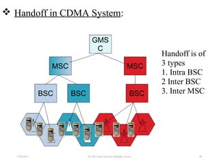 Handoff is of
3 types
1. Intra BSC
2 Inter BSC
3. Inter MSC
 Handoff in CDMA System:
BSCBSC BSC
MSC MSC
GMS
C
7/30/2015 EE 583 Code Division Multiple Access 89
 