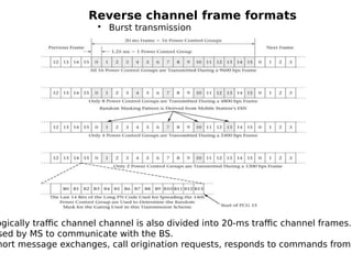 Reverse channel frame formats
• Burst transmission
ogically traffic channel channel is also divided into 20-ms traffic channel frames.
sed by MS to communicate with the BS.
hort message exchanges, call origination requests, responds to commands from
 