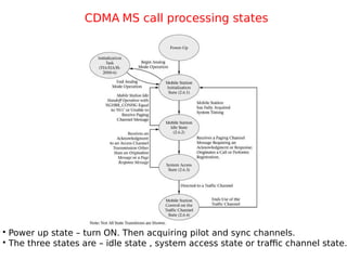 CDMA MS call processing states
• Power up state – turn ON. Then acquiring pilot and sync channels.
• The three states are – idle state , system access state or traffic channel state.
 