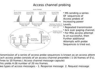 Access channel probing
Transmission of a series of access probe sequences is known as an access attemp
Each access probe consists of an access channel preamble ( 1-16 frames of 0’s).
Three to 10 frames ( Access channel message capsule)
This yields 4-26 number of 20 ms frames.
Two types of access messages – 1. Response message 2. Request message
• MS sending a series
Of sequences of
Access probes of
Increasing power
Levels.
• Repeated transmission
• Ack over paging channel.
• For MSs access attempt
Is un-successful, then
Further additional
Attempts with probe
Sequences is tried out.
 